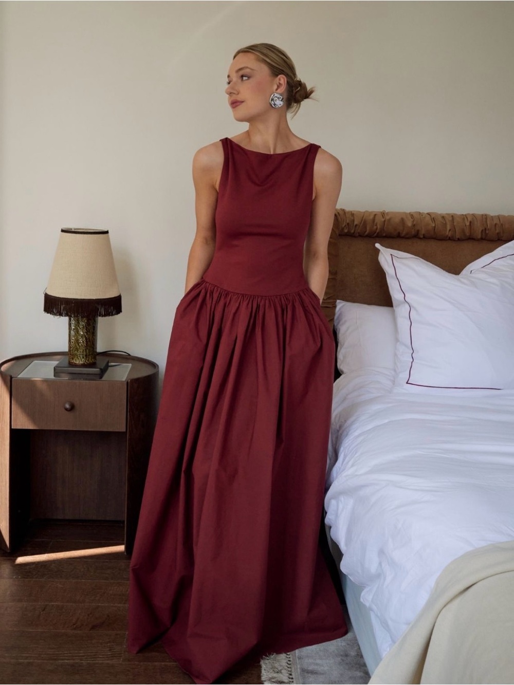 NA-KD Cotton puff Sleeveless Burgundy Maxi Dress Open back